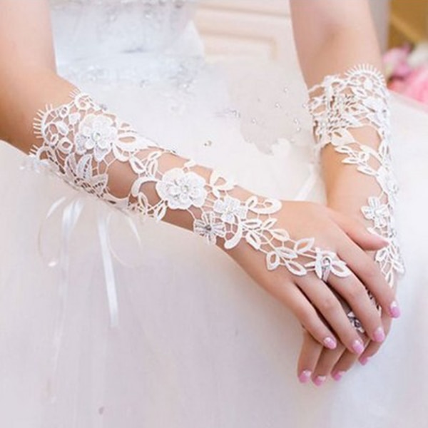 1 Pair of Short Wedding Gloves Fingerless Bridal Lace Gloves Rhinestone Decorated White Lace Gloves for Wedding Party Accessory