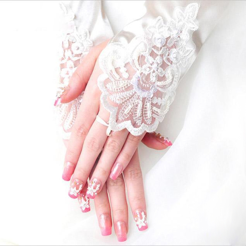 Womens Long Gloves Fingerless Embroidery Lace Trim Beaded Sequins Bridal Wedding Accessory
