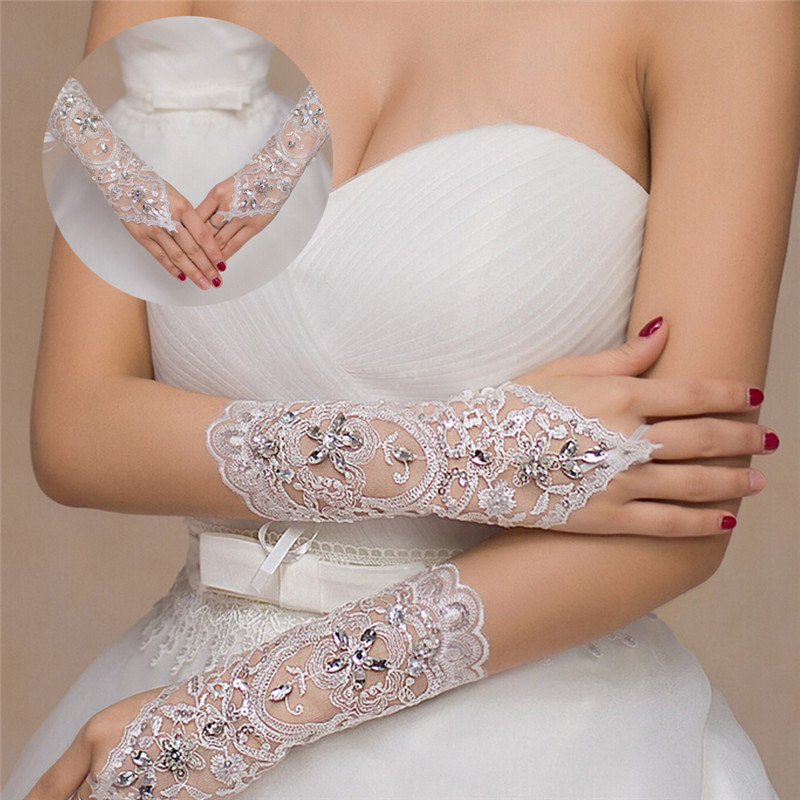 1 Pair White Ivory Women Fingerless Bridal Gloves Elegant Short Paragraph Rhinestone White Lace Glove Wedding Accessories
