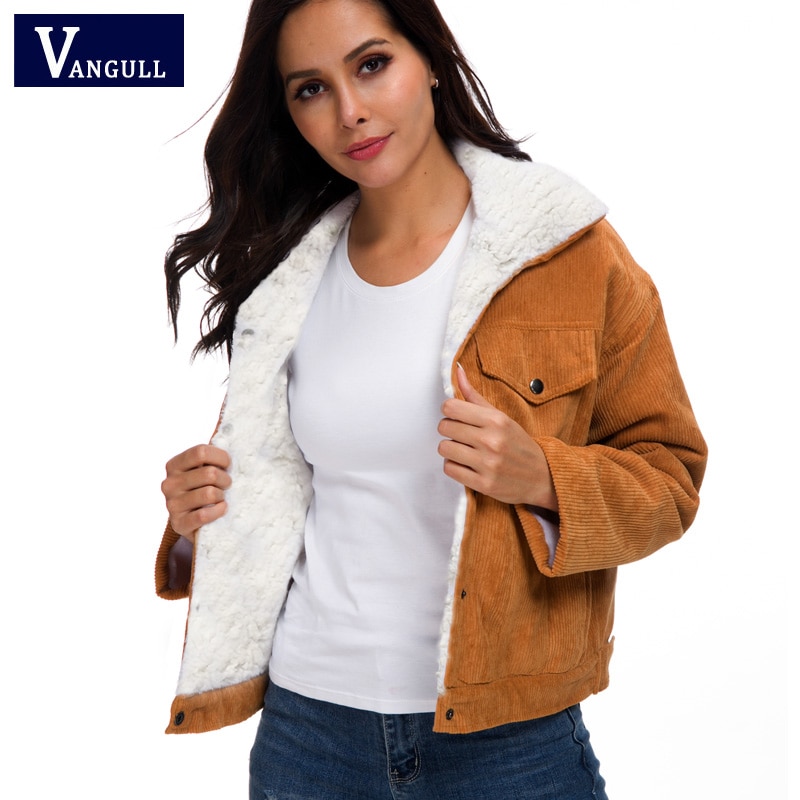 VANGULL Women Winter Jacket Thick Fur Lined Coats Parkas Fashion Faux Fur Lining Corduroy Bomber Jackets Cute Outwear 2019 New
