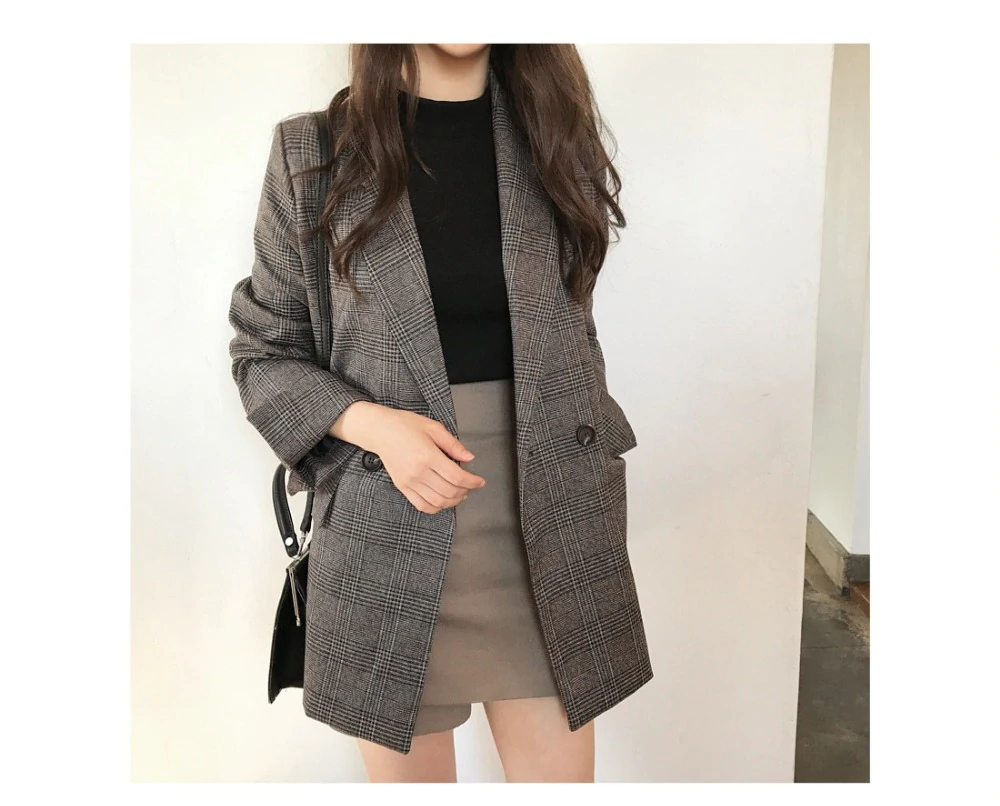 Women's check long sleeve cotton jacket causual vintage coat plaid blazer