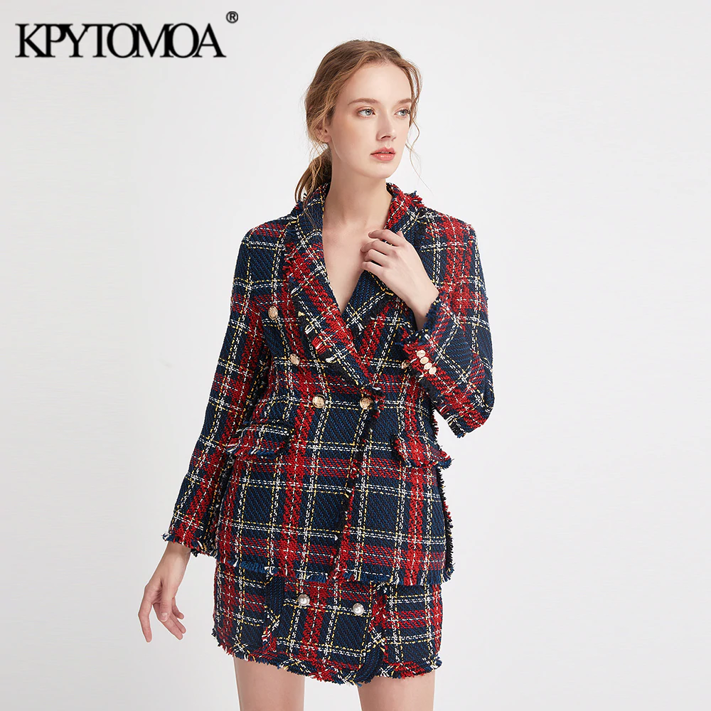 Vintage Double Breasted Frayed Checked Tweed Blazers Coat Women 2020 Fashion Pockets Plaid Ladies Outerwear Casual Casaco Femme