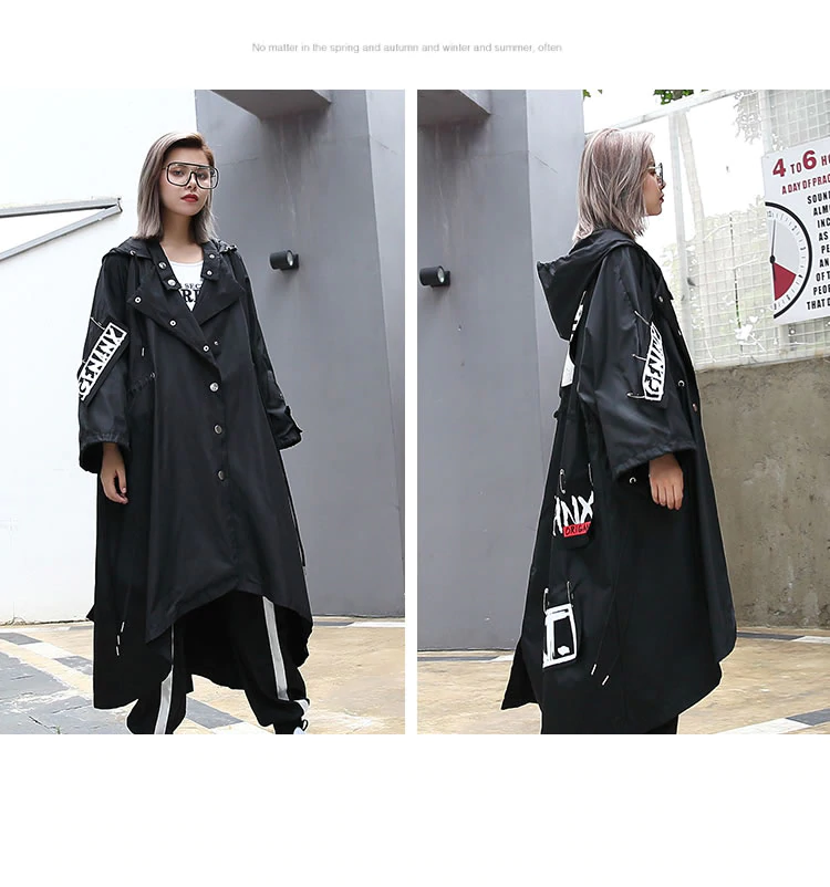 XITAO Spliced Plus Size Black Trench For Women Tide Long Print Streetwear Hoodie Casual Female Wide Waisted Coat 2019 ZLL1100