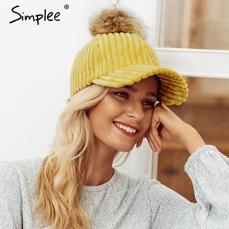 Simlpee Corduroy hair ball adjustable female hat 2018 Fashion style autumn winter women hat Casual elegant hat casquette