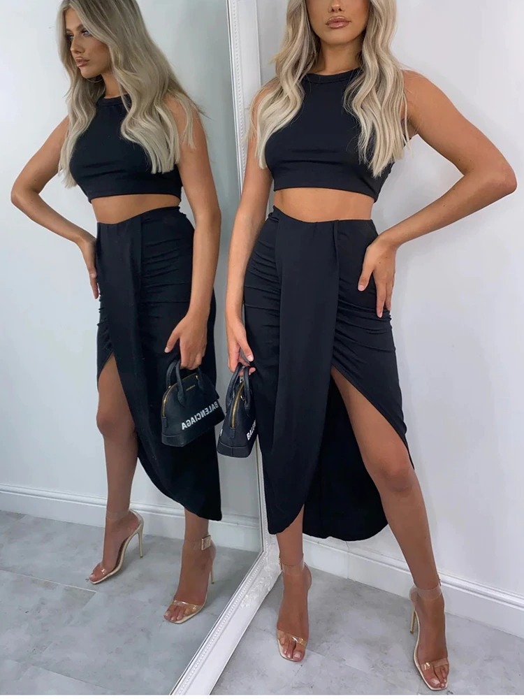 NewAsia Summer Women Crop Top Long Skirts Two Piece Set White Party Club Wear Sexy Split Skirts Sets Casual Clothing 2020 New