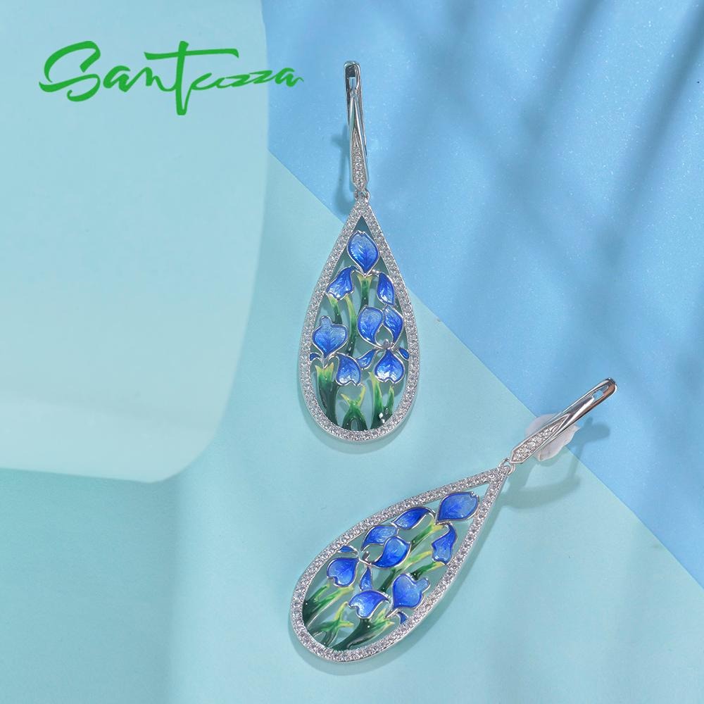 SANTUZZA Silver Flower Earrings For Women 925 Sterling Silver Dangle Blue Petal Earrings Silver Shiny CZ Jewelry Handmade Enamel