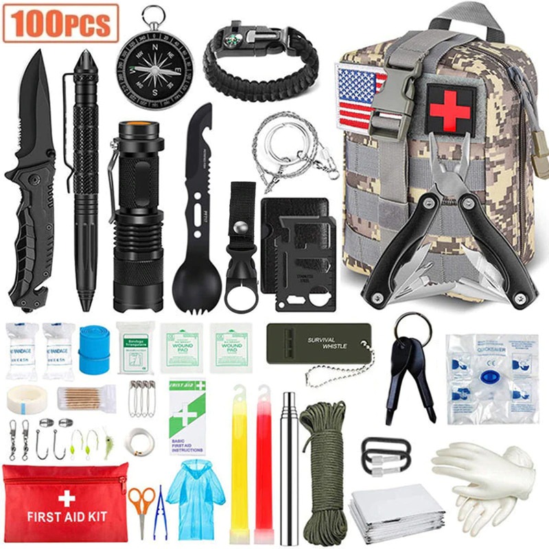 100PCS Emergency Survival Kit and First Aid Kit, Professional Survival Gear Hunting Tool with Tactical Molle Pouch and Emergency