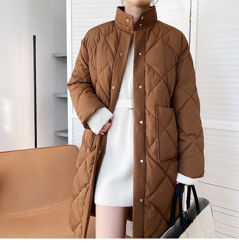 2021 winter new Korean style long cotton-quilted female jacket casual turtleneck argyle pattern parka chic jacket