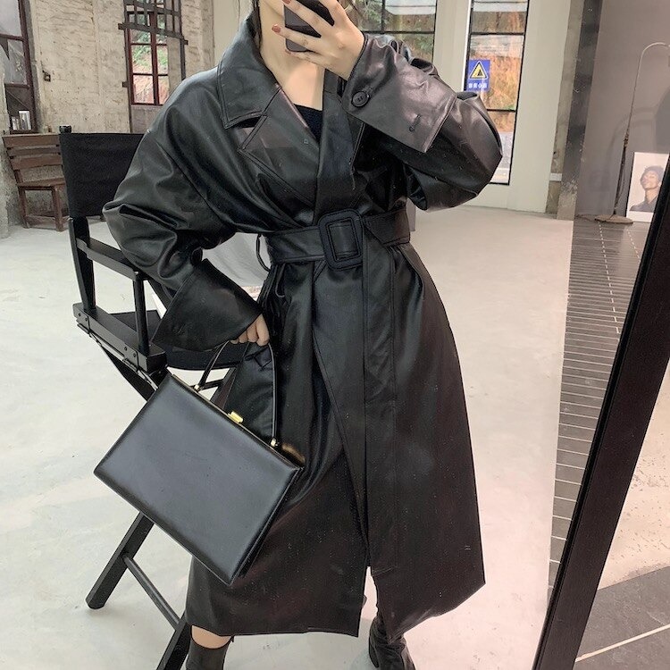 New 2022 women clothing streetwear Long oversized leather trench coat for women long sleeve lapel loose fit Fall Stylish black