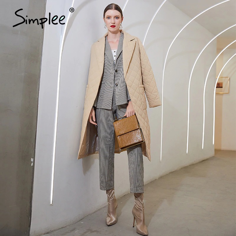 Simplee Long straight winter coat with rhombus pattern Casual sashes women parkas Deep pockets tailored collar stylish outerwear Newest Jackets & Coats