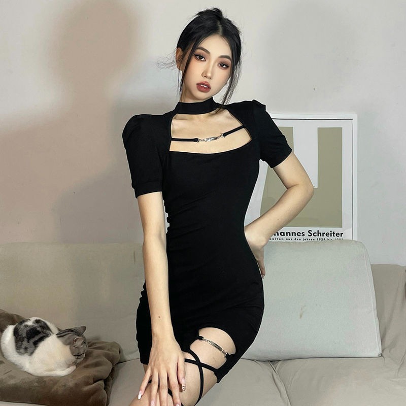 2023 New Vintage Black Bandage Sexy Dress Spice Girls Hollow Out Short Sleeve Dress Women's Sweet Spicy Thin Skirt Halloween