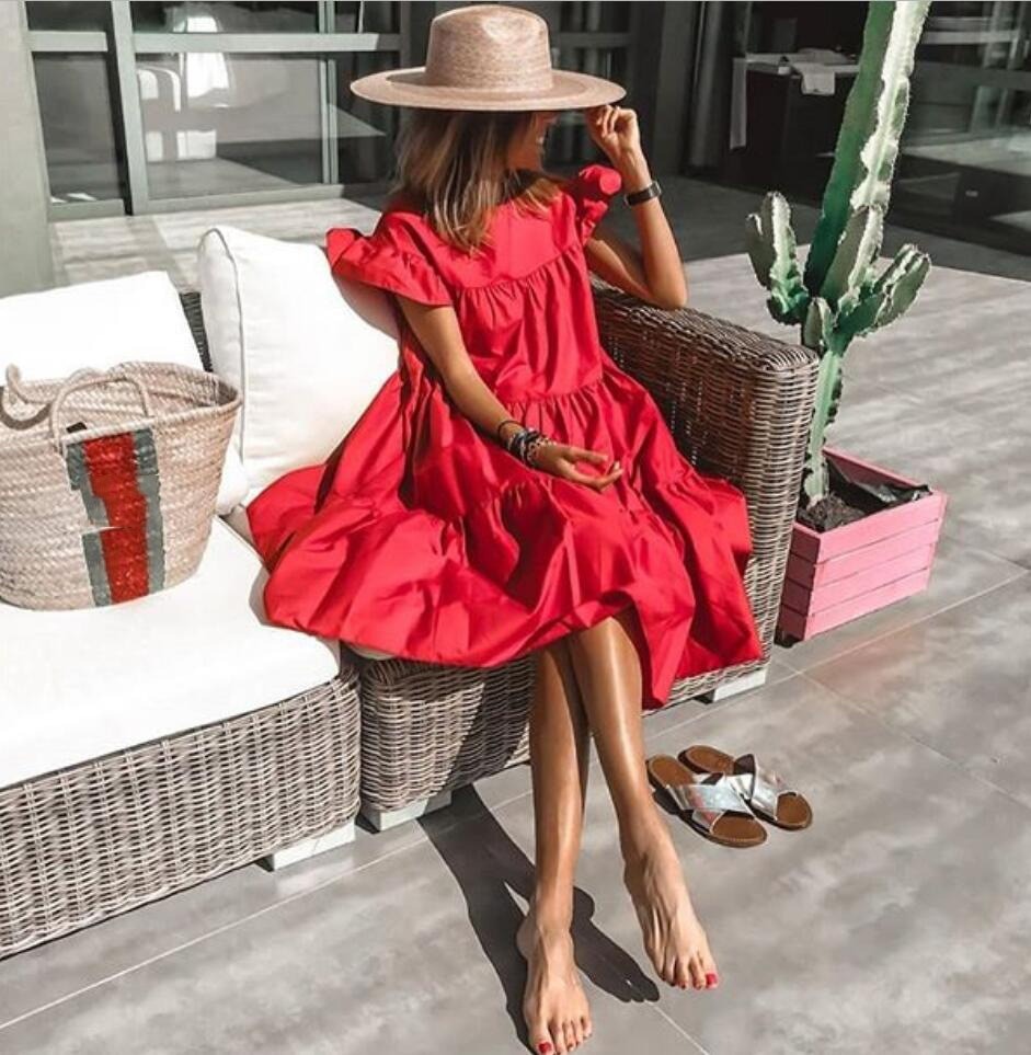 Women Ruff Sundress Elegant Casual Party Beach Vintage Swing Midi Dress 2022 Summer Solid Bohemian Oversized Vestidos Robe