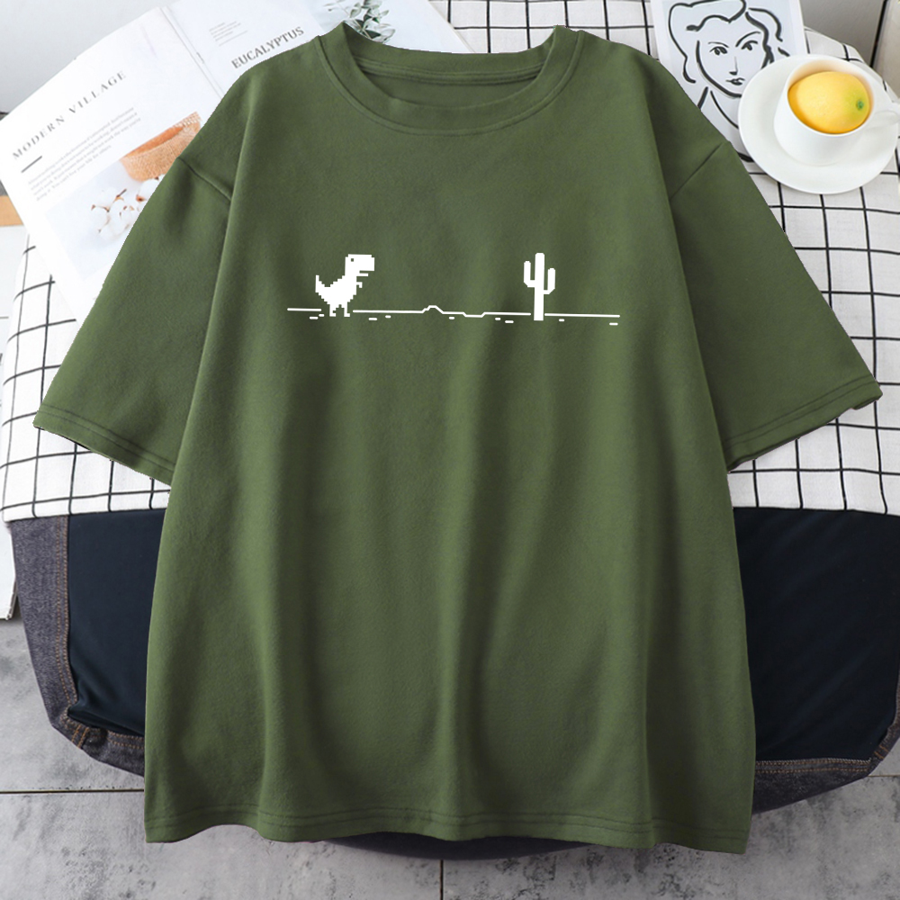 Mosaic Game Cactus Little Dinosaur Mens Short Sleeve Cartoons Casual Creativity T-Shirts Oversize Breathable Man Cotton Clothing