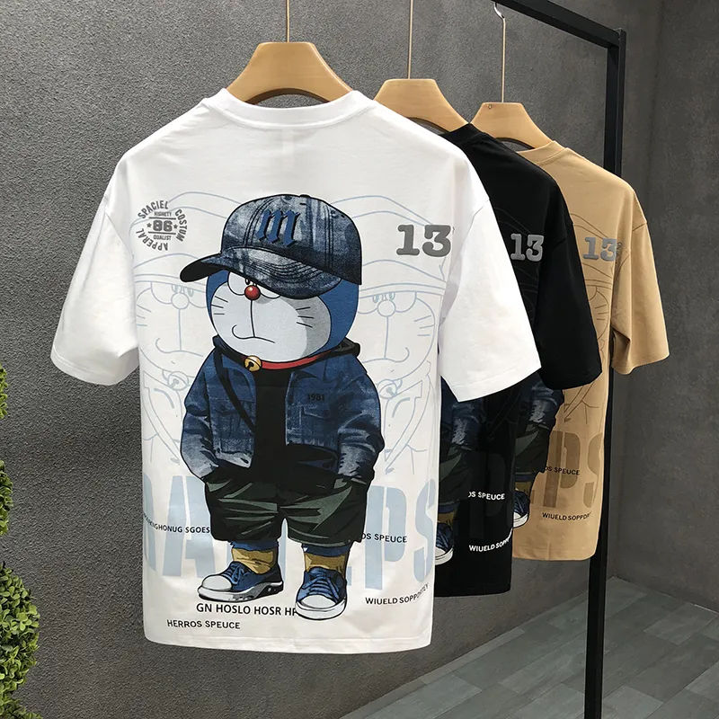 Cartoon Printed Short-sleeved Pure cotton T-shirtt For Men Tide Brand Trend 2023 New Summer Clothes Men's Handsome Short Sleeve