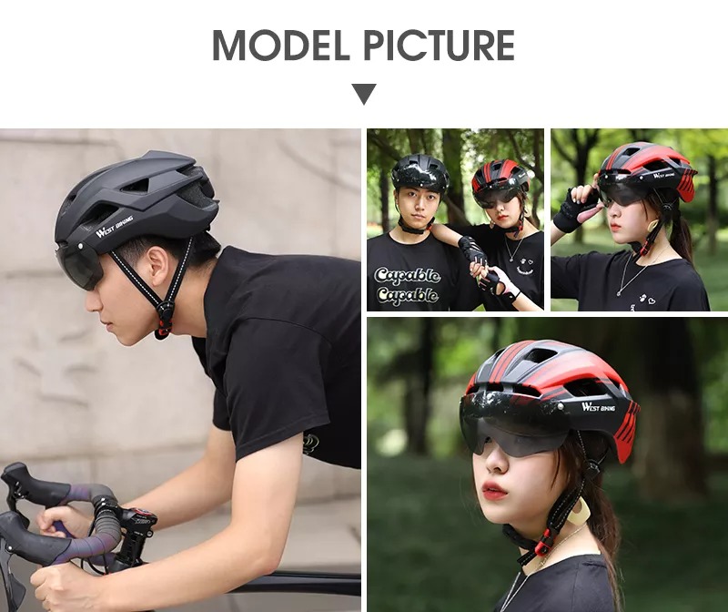 WEST BIKING Men Women Cycling Helmet With Taillight Goggles Sun Visor Lens Bicycle Helmet MTB Road Bike E-Bike Motorcycle Helmet