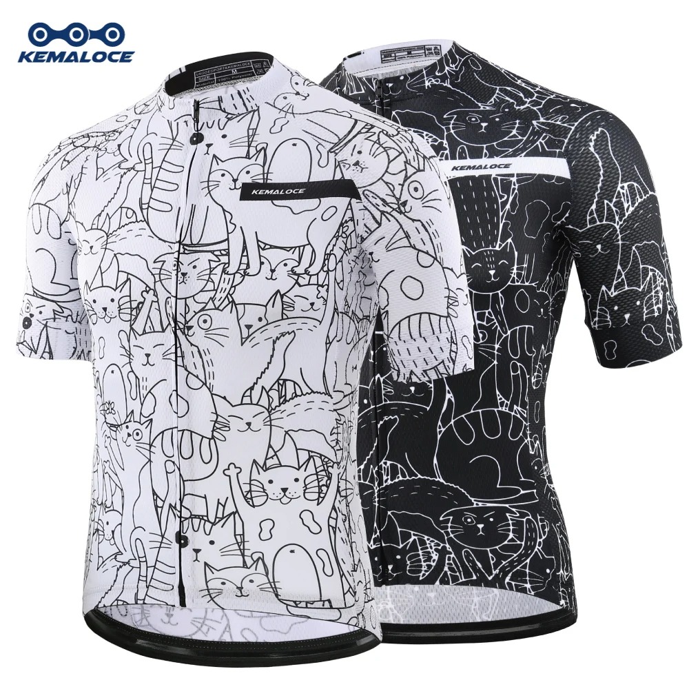  KEMALOCE Breathable Unisex White Cartoon Cat Cycling Jersey Spring Anti-Pilling Eco-Friendly Bike Clothing Top Road Team Bicycle